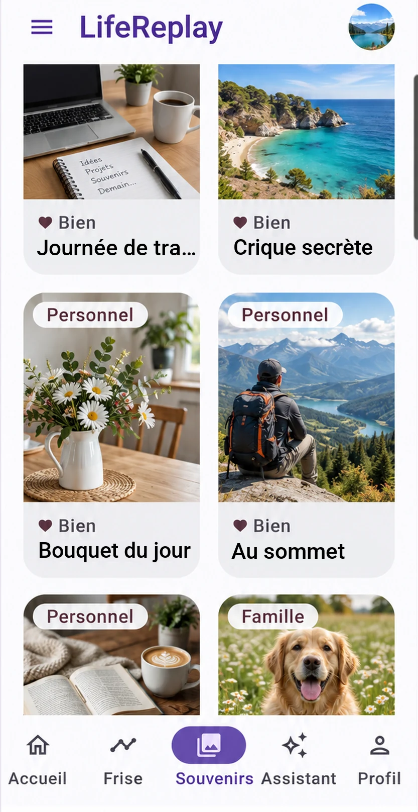 L’écran Souvenirs : une grille de photos classées avec leur humeur