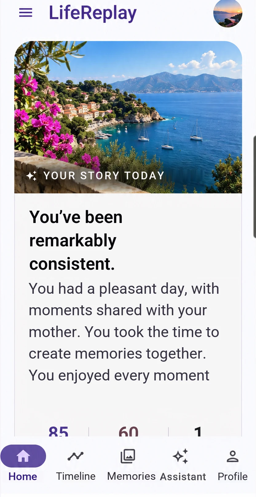 LifeReplay home screen: “Your story today”, the account written by the AI